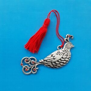 Avon 2014 Pewter Partridge Ornament, Jeweled Silver Bird with Red Tassel